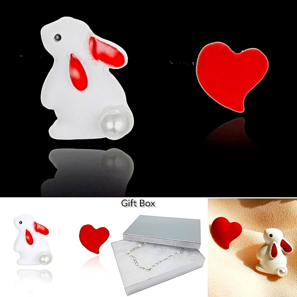 Red and white Bunny heart earrings with silver post for sensitive ears